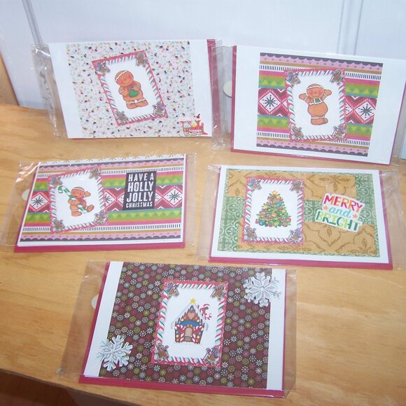 Set of 5 Handmade Gingerbread Man Stamped Holiday Cards - Picture 1 of 5